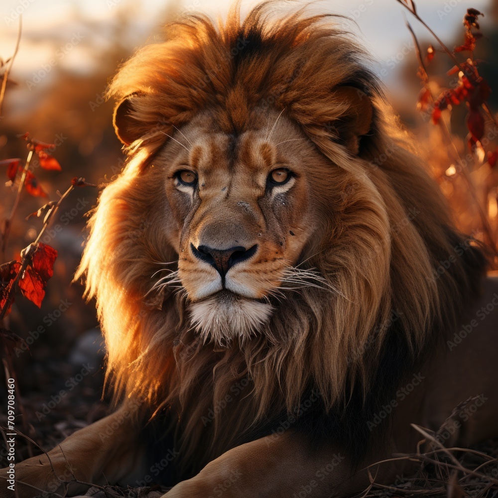 Photo of a majestic lion in the savannah. Generative AI