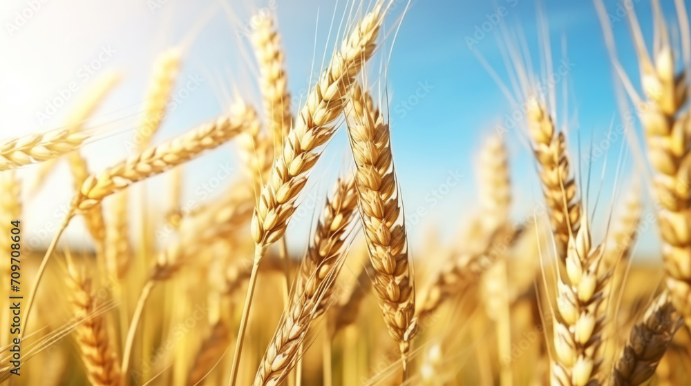 Close up of ripe golden wheat ears, field of wheat in a summer day, sun flare. Harvesting period. Generative AI Close up of ripe golden wheat ears, field of wheat in a summer day, sun flare. Harvesting period. Generative AI