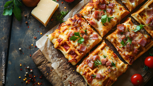 Innovative Dining: Freshly Baked Pizza Waffle, a Fun Combination of Italian and Waffle Cuisine. Generative AI