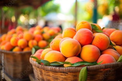 Baskets of Ripe Apricots at a Market Stall