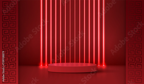 Podium stage chinese style for chinese new year and festivals or mid autumn festival with red background. mock up stage with festive lanterns and clouds. vector design.