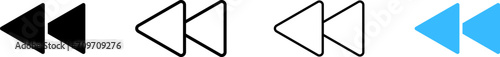Left rewind button icons. Different styles, rewind to the left set of buttons. Vector icons