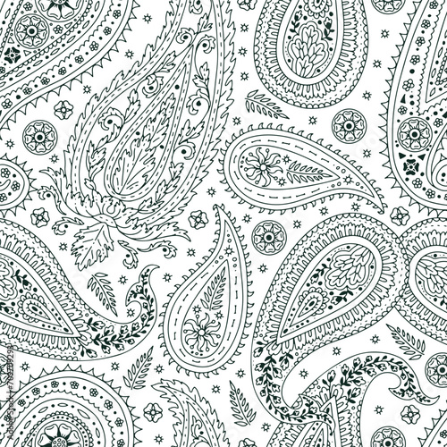 Monohcrome seamless pattern with Paisley motifs on white background. Traditional indian repeat design.