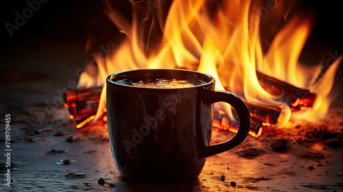 cup of hot coffee in the campfire created with Generative AI technology 