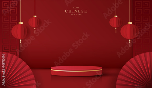 Podium stage chinese style for chinese new year and festivals or mid autumn festival with red background. mock up stage with festive lanterns and clouds. vector design.