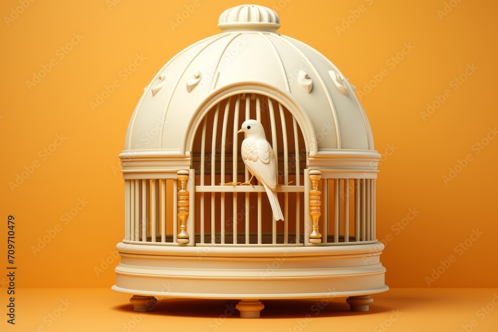 Fototapeta premium Victorian Inspired White Parrot Cage, on an isolated Butter Yellow background, Generative AI
