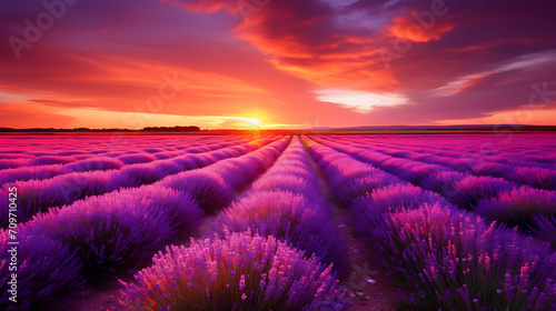  a field of lavender bathed in the soft light of a clear sunset  with the vibrant colors of the flowers accentuated in high definition for a visually stunning view