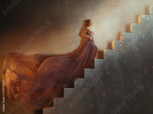Fairy lady queen fashion model walking go on steps of staircase old style, beauty Princess girl in royal lush long fabric train skirt gown purple dress fly. Sexy Fantasy woman raises stairs art photo photo