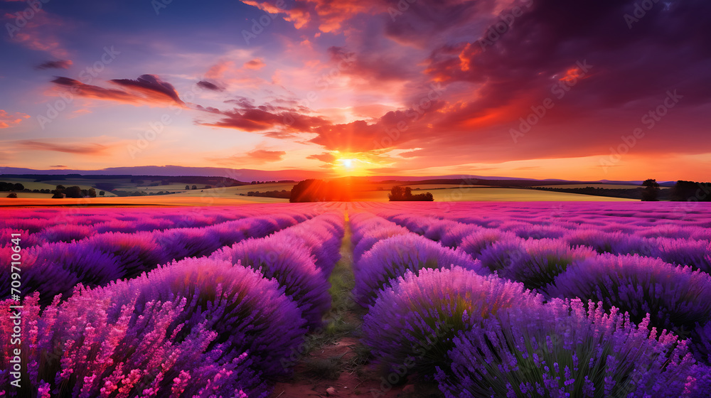  a field of lavender bathed in the soft light of a clear sunset, with the vibrant colors of the flowers accentuated in high definition for a visually stunning view