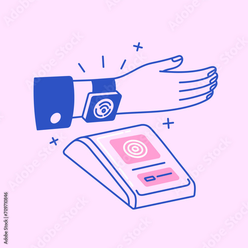 People pay with smart watch using POS terminal. Contactless cashless payment with nfc technology. Money transfer with electronic hand clock, wristwatch. Flat isolated lineart vector illustration