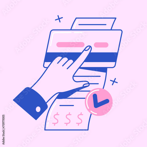 People pay check, bill with bank plastic card. Success contactless wireless cashless payment. Customers purchase, buy, transfer money using virtual account. Flat isolated lineart vector illustration