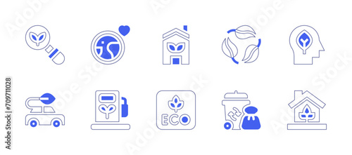 Ecology icon set. Duotone style line stroke and bold. Vector illustration. Containing biodegradable, garbage, inspiration, eco home, eco friendly, eco house, ecology, eco car, environment, gas station