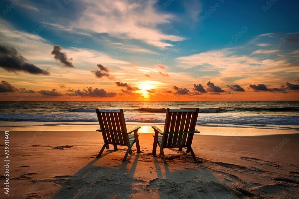 Two Wooden Chairs Facing a Vibrant Sunset on a Sandy Beach