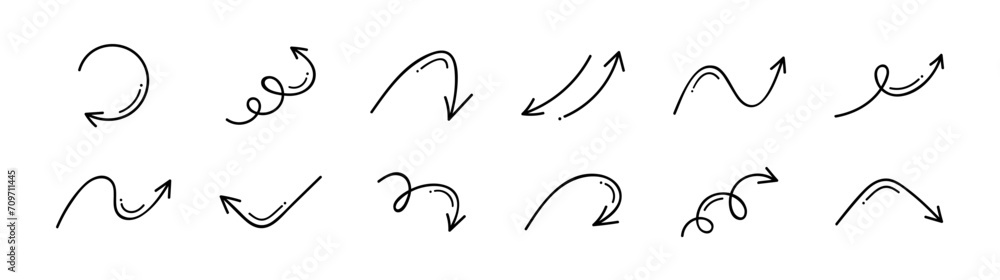 Super set different shape hand drawn arrows. Doodle style curved and squiggly arrows. Vector graphic design Super set different shape hand drawn arrows. Doodle style curved and squiggly arrows. Vector graphic design
