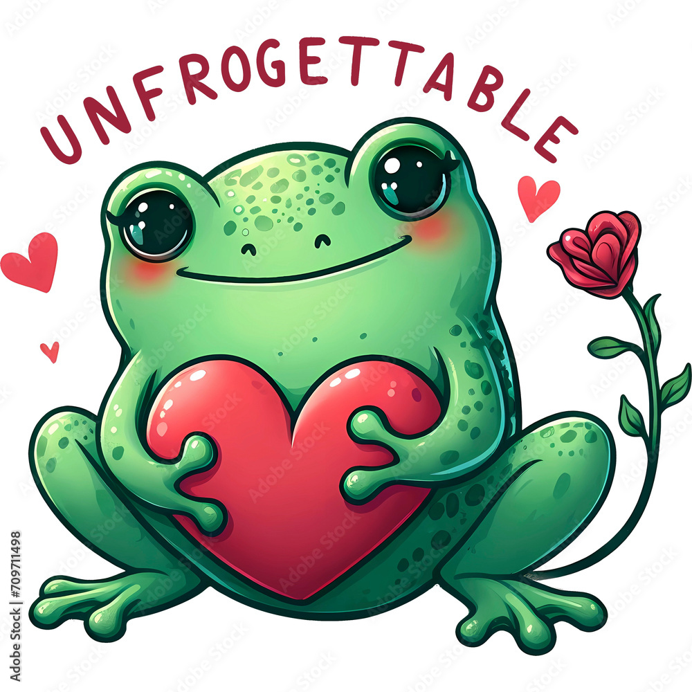 Obraz premium Cute valentine frog with heart. Unfrogettable quote.
