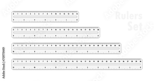 Set of plastic gray rulers 15, 20, 25 and 30 centimeters. Measuring tool for work and learning. Ruler with double side measuring inches and centimeters. Vector illustration