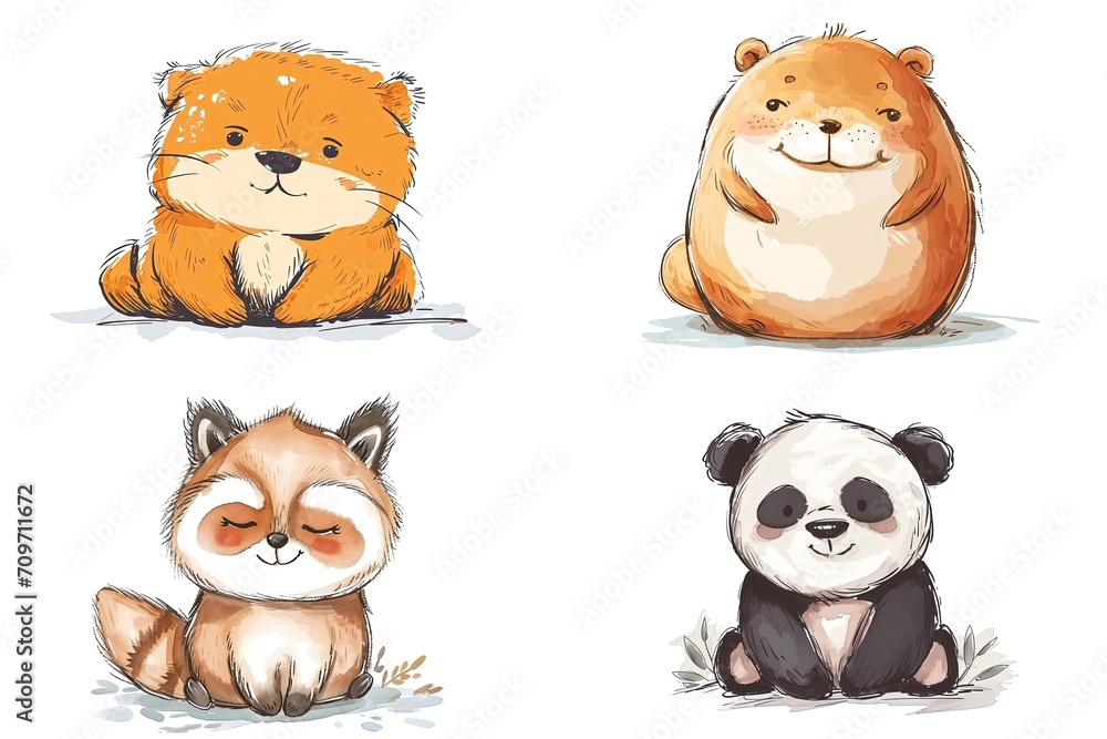 Fototapeta premium watercolor cartoon illustration collection set, cute baby animals, isolated on white background, idea for sticker and junk journal clipart, bear, fox, panda, beaver, Generative Ai