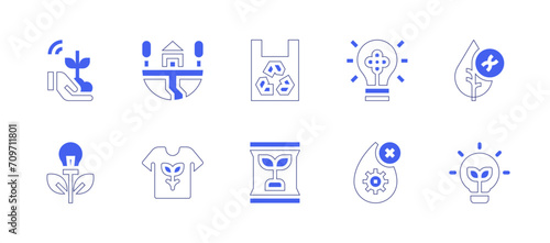 Ecology icon set. Duotone style line stroke and bold. Vector illustration. Containing ecological  earth  sustainable  bag  tshirt  contaminated water  green energy  light bulb  plant  research.