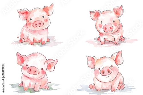  watercolor cartoon illustration collection set, cute baby animals, isolated on white background, idea for sticker and junk journal clipart, pink pig, piglet, Generative Ai