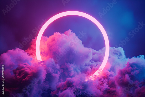 Neon pink colored ring in a cloud, abstract art background