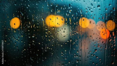 A view of a rain covered window with lights in the background, AI photo