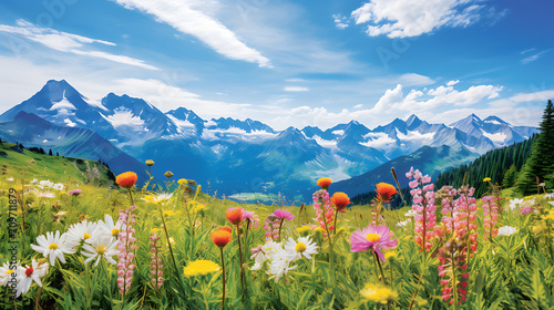  a field of vibrant wildflowers with a backdrop of snow-capped mountains, representing the diverse landscapes of Canada in a Canada Day 2024 greeting card