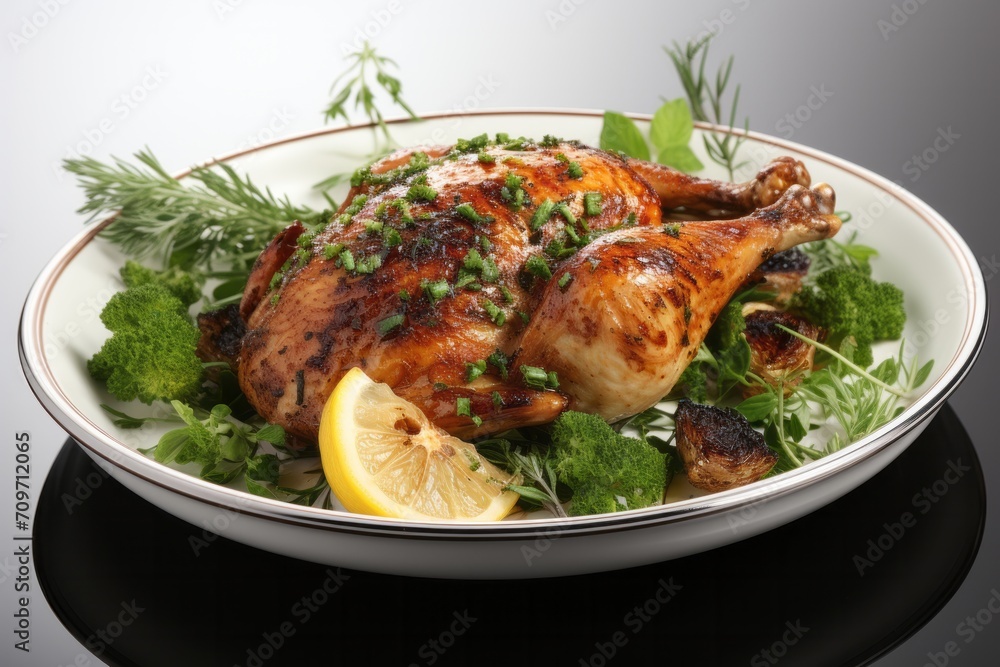 3D Render of Crispy Herb-infused Roasted Chicken, on an isolated White background, Generative AI 3D Render of Crispy Herb-infused Roasted Chicken, on an isolated White background, Generative AI