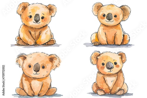  watercolor cartoon illustration collection set, cute baby animals, isolated on white background, idea for sticker and junk journal clipart, koala, bear, Generative Ai © QuietWord