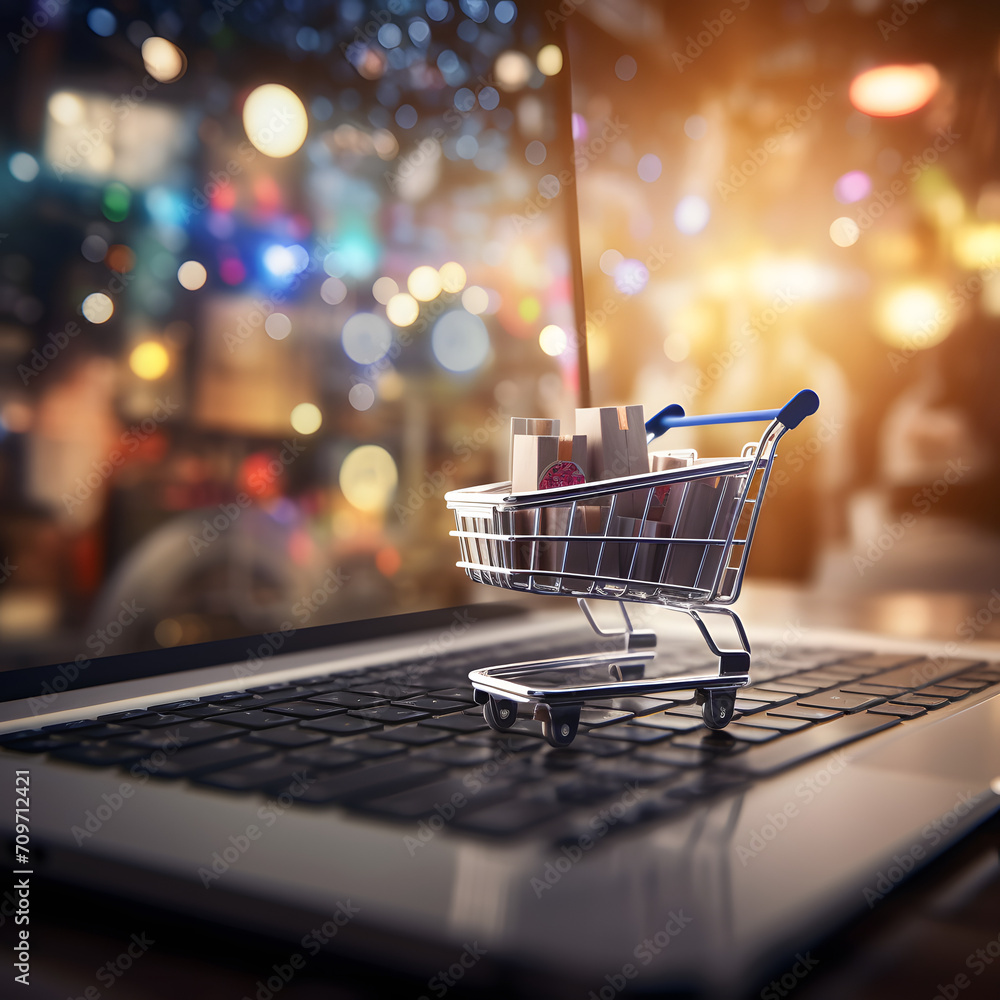 Tiny Cart, Big Choices: Miniature Shopping Cart on Laptop Keyboard Symbolizing Online Shopping and E-Commerce - Generative AI