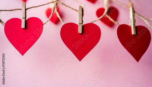 red paper cut hearts hanging on pink background valentines day romantic composition with space for text love heart symbol hanging on tiny ropes pink metallic frame happy anniversary background