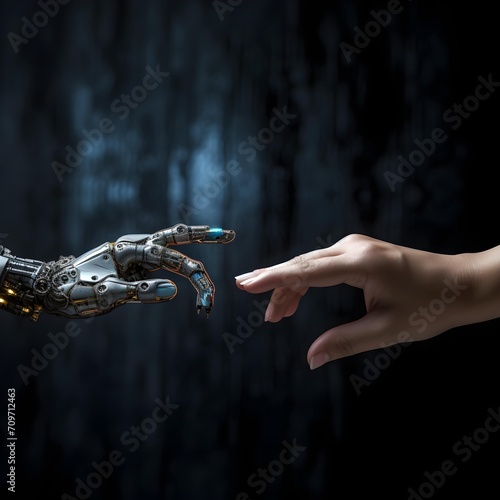 The human finger gently touches the robot s metal finger. The concept of coexistence between humans and AI technology