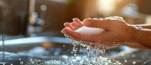 A Person Thoroughly Cleansing Their Hands With Soap And Water. Сoncept Hand Hygiene, Proper Handwashing, Soap And Water, Clean Hands, Preventing Germs photo