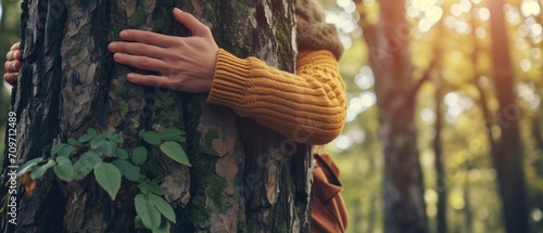 A Person Embraces A Majestic Tree, Symbolizing Environmental Protection And Connection. Сoncept Environmental Protection, Connection With Nature, Human-Tree Bond, Embracing Nature photo