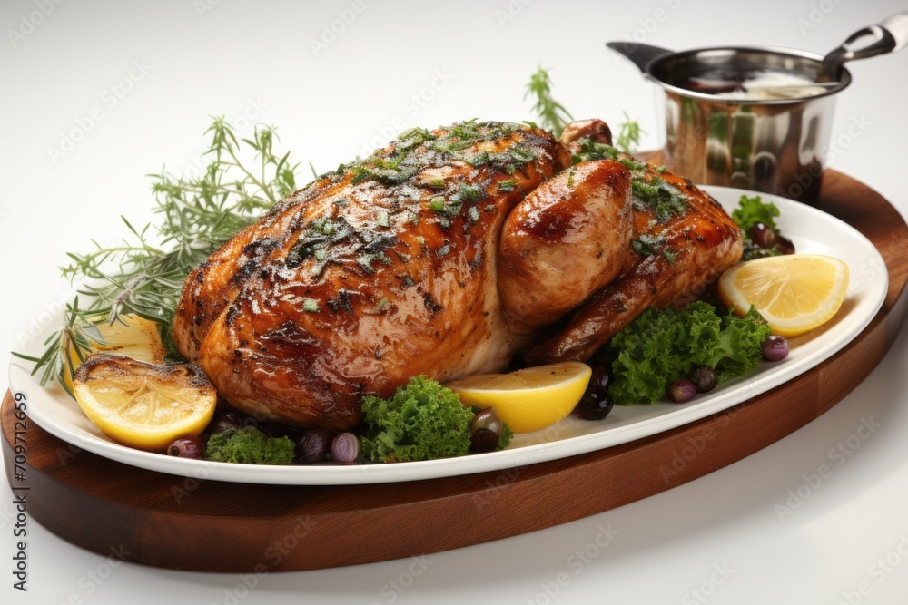 3D Render of Garlic Butter Roasted Chicken, on an isolated White background, Generative AI 3D Render of Garlic Butter Roasted Chicken, on an isolated White background, Generative AI