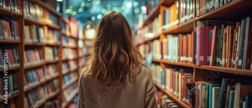 A Woman Peacefully Browsing Through Shelves Of Books In A Bookshop photo