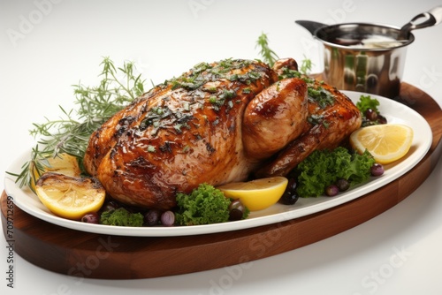 3D Render of Garlic Butter Roasted Chicken, on an isolated White background, Generative AI