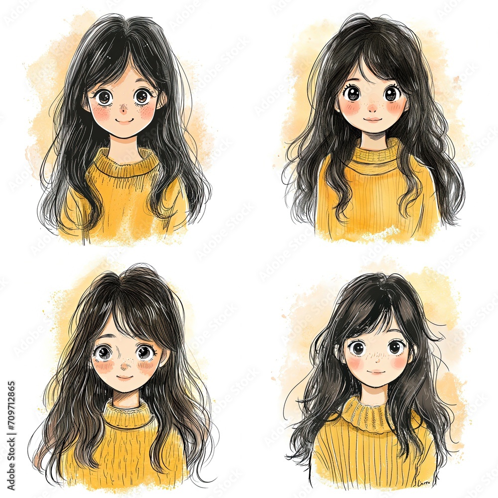 watercolor cartoon illustration collection set, cute attractive girl smiling, isolated on white background, idea for sticker and junk journal clipart, Generative Ai watercolor cartoon illustration collection set, cute attractive girl smiling, isolated on white background, idea for sticker and junk journal clipart, Generative Ai
