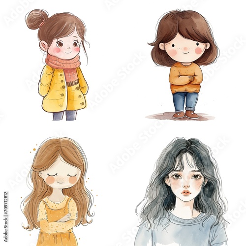 watercolor cartoon illustration collection set, cute attractive girl smiling, isolated on white background, idea for sticker and junk journal clipart, Generative Ai