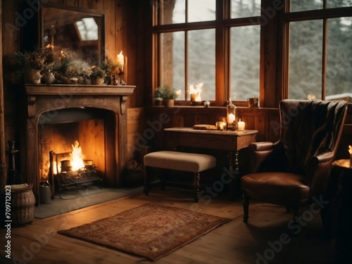 cozy fireplace in winter 