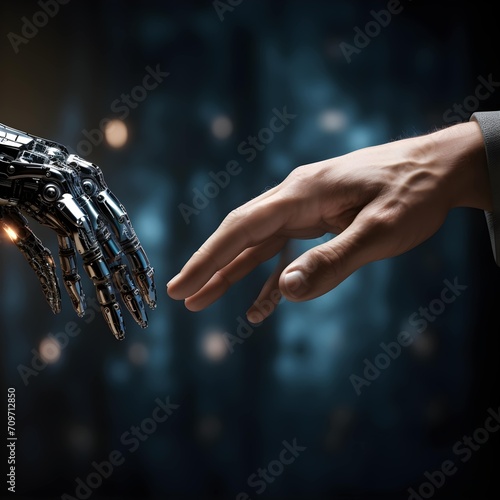 The human finger gently touches the robot's metal finger. The concept of coexistence between humans and AI technology