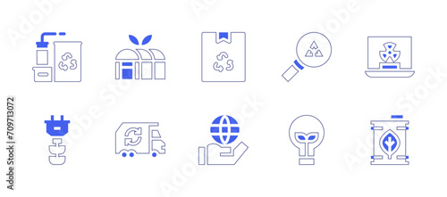 Ecology icon set. Duotone style line stroke and bold. Vector illustration. Containing factory, green energy, recycling, light bulb, world, button, barrel, vegan agriculture, garbage truck.