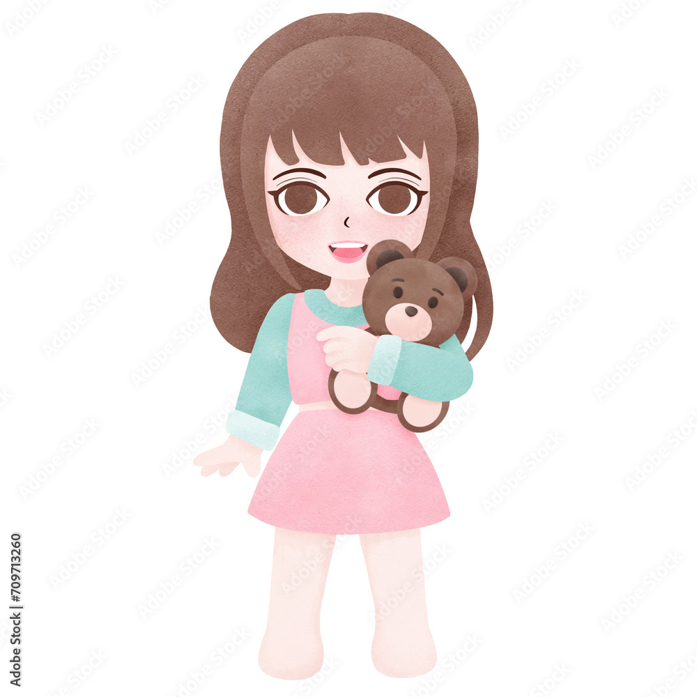 Girl holding and hugging teddy bear watercolor clip art Girl holding and hugging teddy bear watercolor clip art