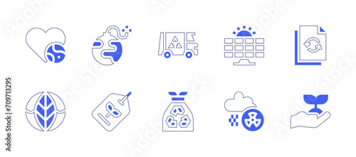 Ecology icon set. Duotone style line stroke and bold. Vector illustration. Containing bomb, tag, file, sprout, heart, green earth, garbage, garbage bag, solar panel, acid rain.