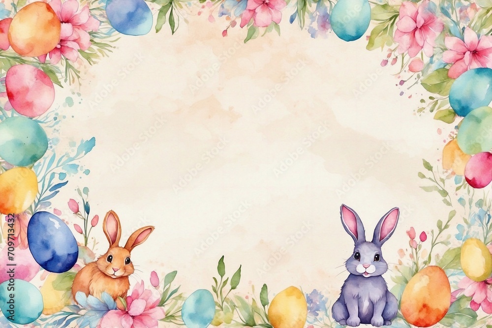 easter watercolor background with easter eggs and bunny, vibrant flowers, whimsical designs for invitations, cards, greetings, and celebrations