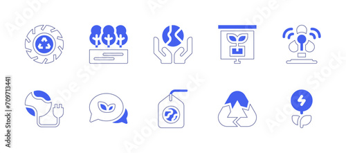 Ecology icon set. Duotone style line stroke and bold. Vector illustration. Containing earth, tag, forest, conversation, recycling, unplug, windmill, renewable energy, fair trade. © Huticon