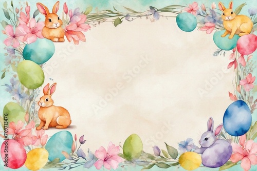 easter frame with eggs and bunny, watercolor bunny, flourishing florals, lively designs for invitations, cards, greetings, and celebrations