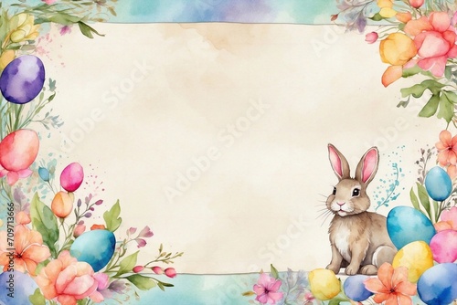 watercolor Easter rabbit, floral accents, cheerful designs for invitations, cards, greetings, and merriments photo