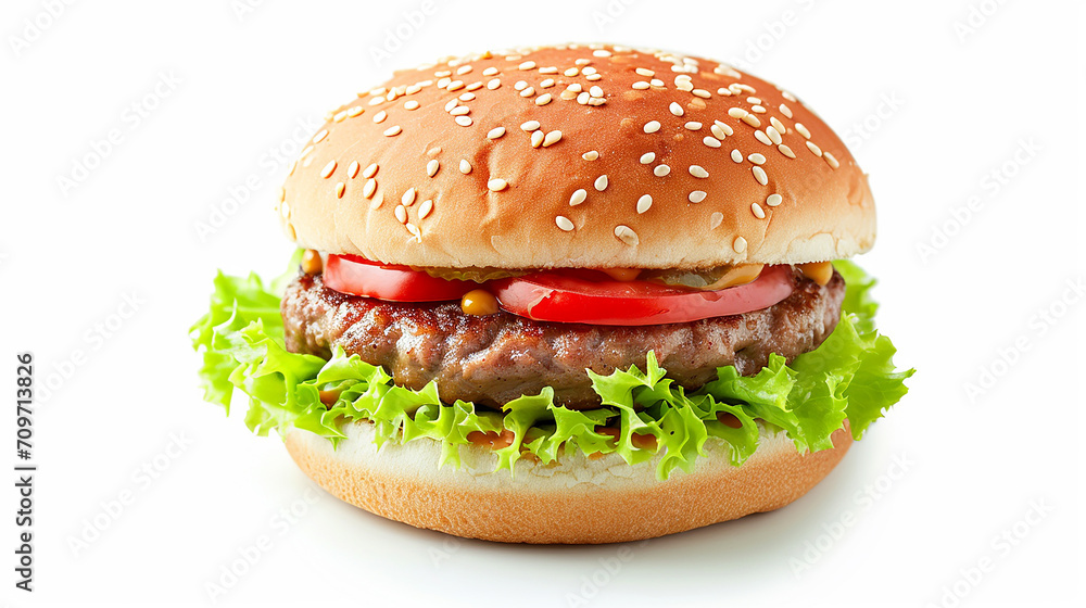 Pork Burger with mustard sauce dressing isolated on white background, Hamburger on white With work path. Made with generative ai Pork Burger with mustard sauce dressing isolated on white background, Hamburger on white With work path. Made with generative ai