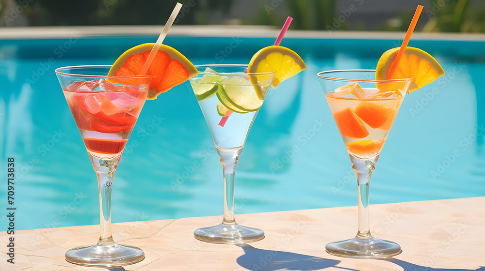 Refreshing summer cocktail with ice cubes and fruits on swimming pool background, summer vacation, holiday vibe