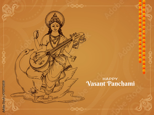 Beautiful Happy Vasant Panchami festival card with goddess Saraswati design